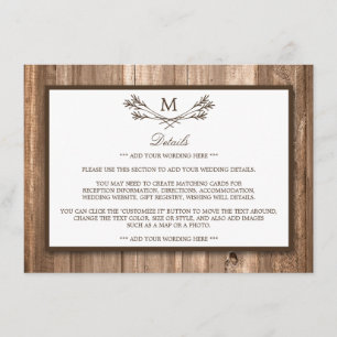 Carte D'accompagnement Country Rustic Monogram Branch & Wood Detail Card