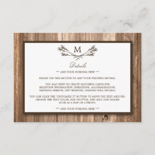 Carte D'accompagnement Country Rustic Monogram Branche & Mariage bois