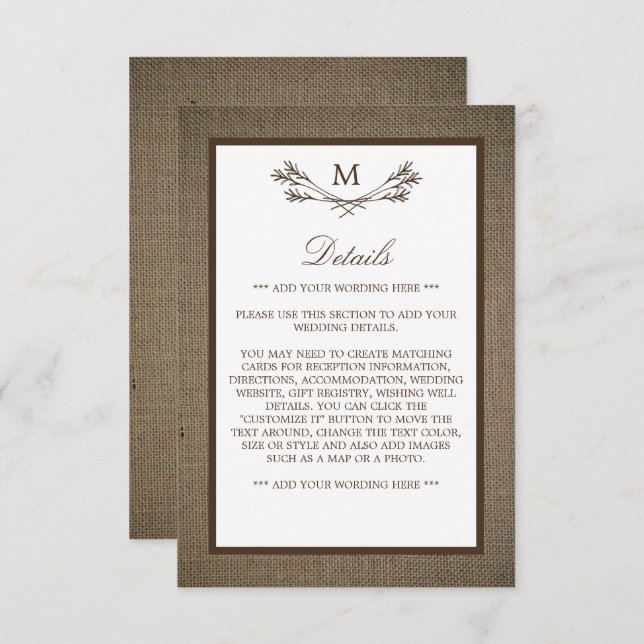 Carte D'accompagnement Country Rustic Monogramme Branche & Mariage Burlap (Devant / Derrière)