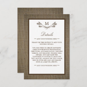 Carte D'accompagnement Country Rustic Monogramme Branche & Mariage Burlap