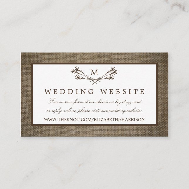 Carte D'accompagnement Country Rustic Monogramme Branche & Mariage Burlap (Devant)