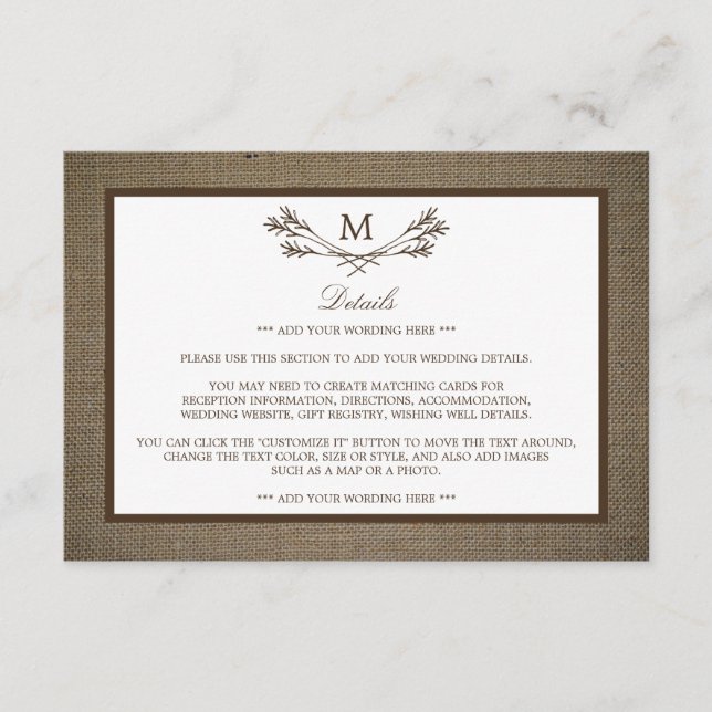 Carte D'accompagnement Country Rustic Monogramme Branche & Mariage Burlap (Devant)