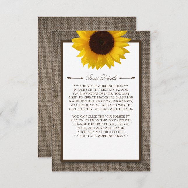 Carte D'accompagnement Country Rustic Sunflower & Burlap Mariage Détails (Devant / Derrière)