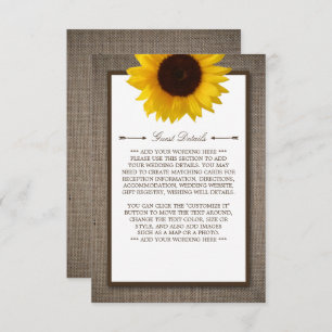 Carte D'accompagnement Country Rustic Sunflower & Burlap Mariage Détails