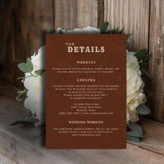 Carte D'accompagnement Country Terracotta Wedding Details Enclosure Card (country rustic cowboy wedding details card faux tooled leather terracotta rust western)