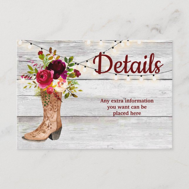 Carte D'accompagnement Country Western Boot Boho Rustic Marsala Détails (Devant)