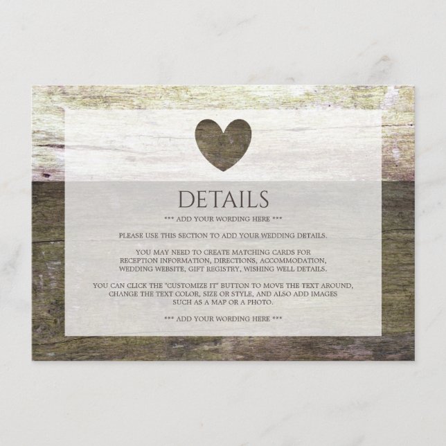 Carte D'accompagnement Country Wood Heart Mariage Détail (Devant)