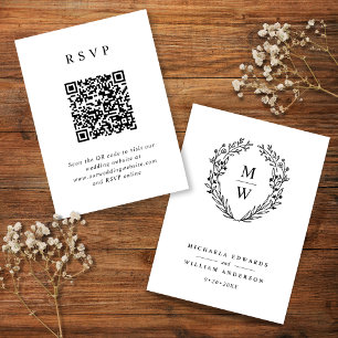 Carte D'accompagnement Couronne botanique monogramme QR Code RSVP mariage