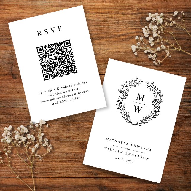 Carte D'accompagnement Couronne botanique monogramme QR Code RSVP mariage (Créateur téléchargé)