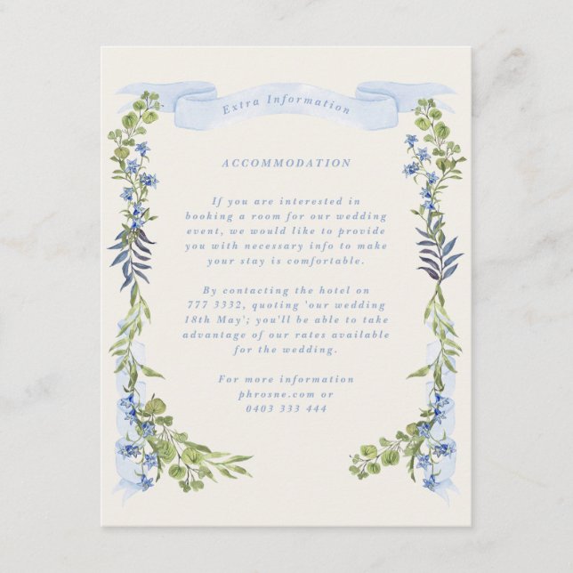 Carte D'accompagnement couronne de crête de jardin bleu et verdure mariag (Devant)