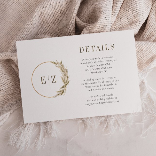 Carte D'accompagnement Couronne de monogramme de boho Pampas avec détails (Créateur téléchargé)