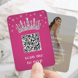 Carte D'accompagnement Couronne de Quinceañera QR RSVP Rose Fuschia & Pho