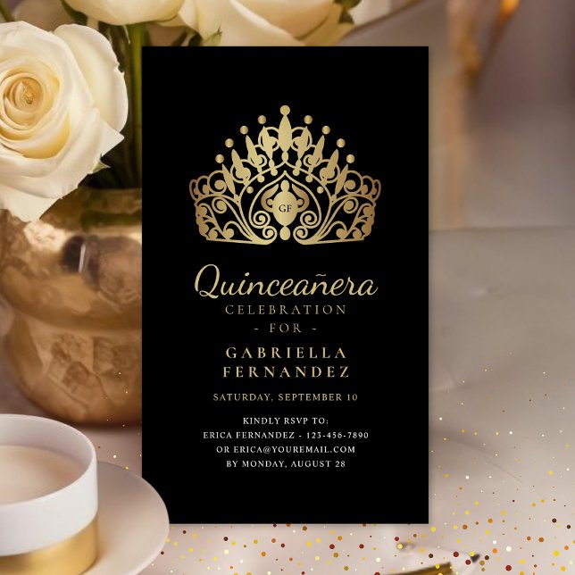 Carte D'accompagnement Couronne de Tiara de Princesse Quinceanera Noir Or (Créateur téléchargé)