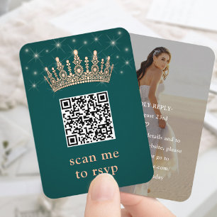Carte D'accompagnement Couronne Rose Gold Quinceañera Photo QR RSVP Vert