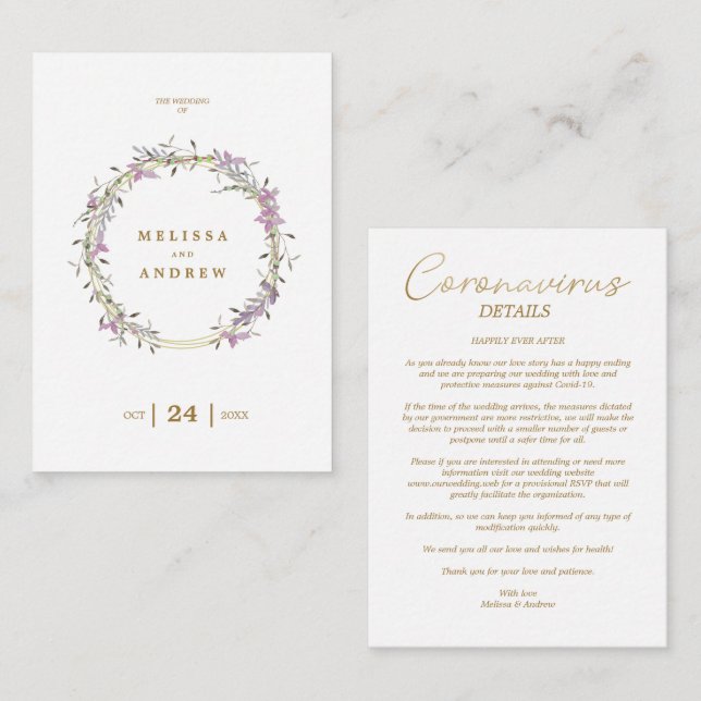 Carte D'accompagnement Covid19 Details Custom Lilac Elegant Garland (Devant / Derrière)