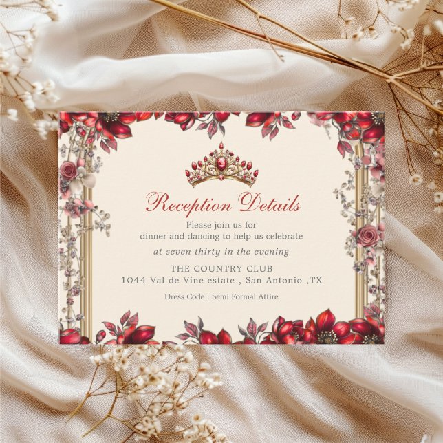 Carte D'accompagnement Cream and Red Golden Tiara Floral Quinceañera (Créateur téléchargé)
