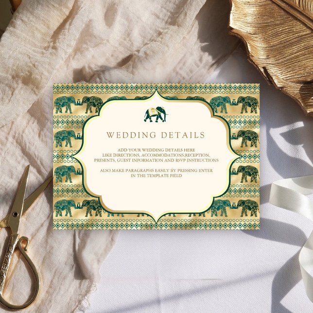 Carte D'accompagnement Cream Emerald Gold Elephant Indian Détails sur le  (Créateur téléchargé)