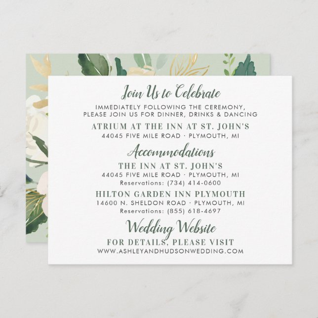 Carte D'accompagnement Cream Gold Floral Greenery Information Mariage (Devant / Derrière)