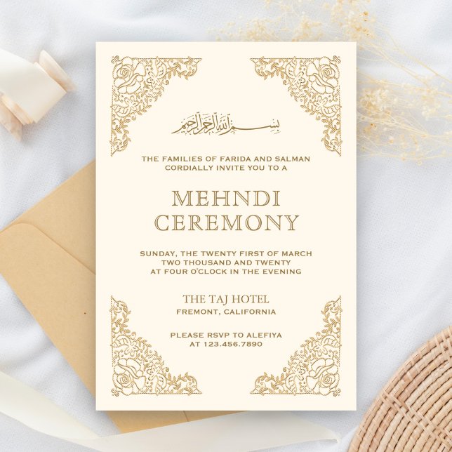 Carte D'accompagnement Crème de cadre floral et or musulman Mehndi islami (Créateur téléchargé)