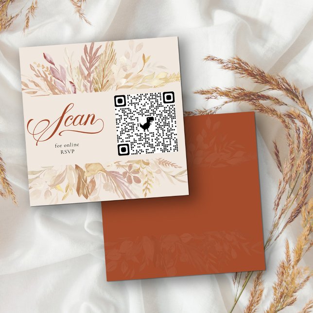 Carte D'accompagnement Crème en terre cuite Botanique en ligne RSVP QR Co (Square enclosure card with custom qr code for online rsvp. Terracotta burnt orange and cream)