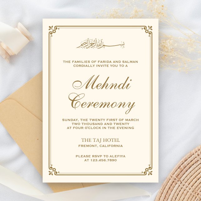 Carte D'accompagnement Crème et bordure dorée Mehndi musulmane (Créateur téléchargé)