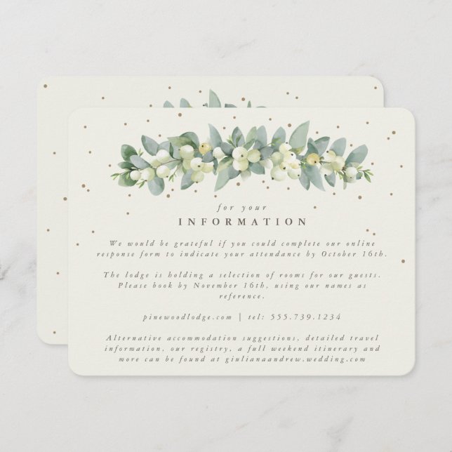 Carte D'accompagnement Crème Snowberry+Eucalyptus Garland Mariage Info (Devant / Derrière)