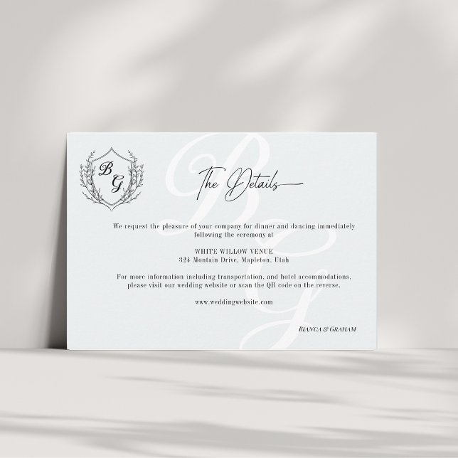 Carte D'accompagnement Crest Mariage Monogramme noir et blanc QR détails (Créateur téléchargé)
