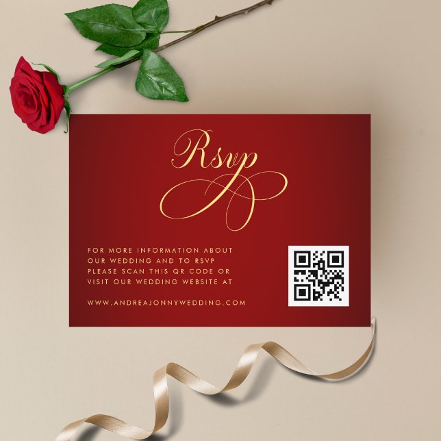 Carte D'accompagnement Crimson Red Gold QR Code RSVP Détails du Mariage (Créateur téléchargé)