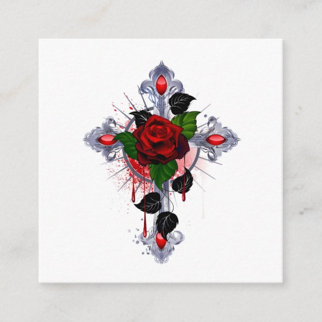 Carte D'accompagnement Croix d'argent avec une rose rouge (Devant)