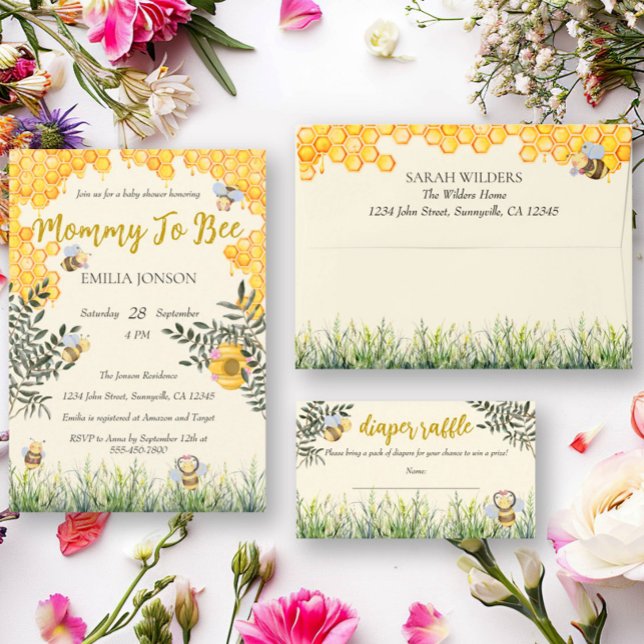 Carte D'accompagnement Cute Bee Garden Aquarelle Boho Diaper Raffle (Créateur téléchargé)