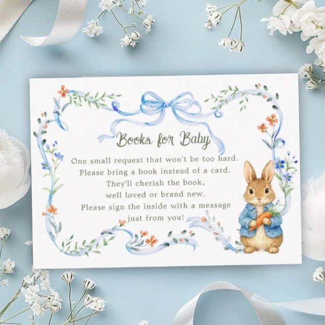 Carte D'accompagnement Cute Bunny Boy Floral Blue Bow Books for Baby  (Créateur téléchargé)