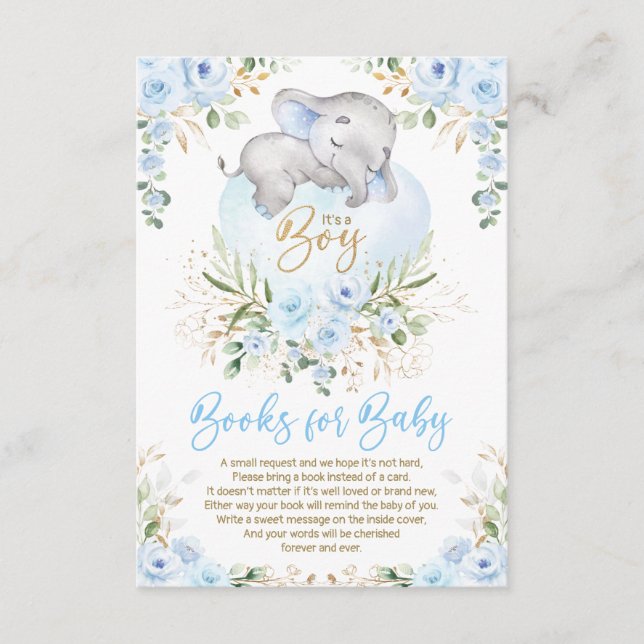 Carte D'accompagnement Cute Elephant Blue Gold Floral Livres pour Baby Bo (Devant)