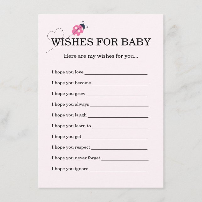 Carte D'accompagnement Cute Ladybug Pink Girl Baby Shower Wishes For Baby (Devant)