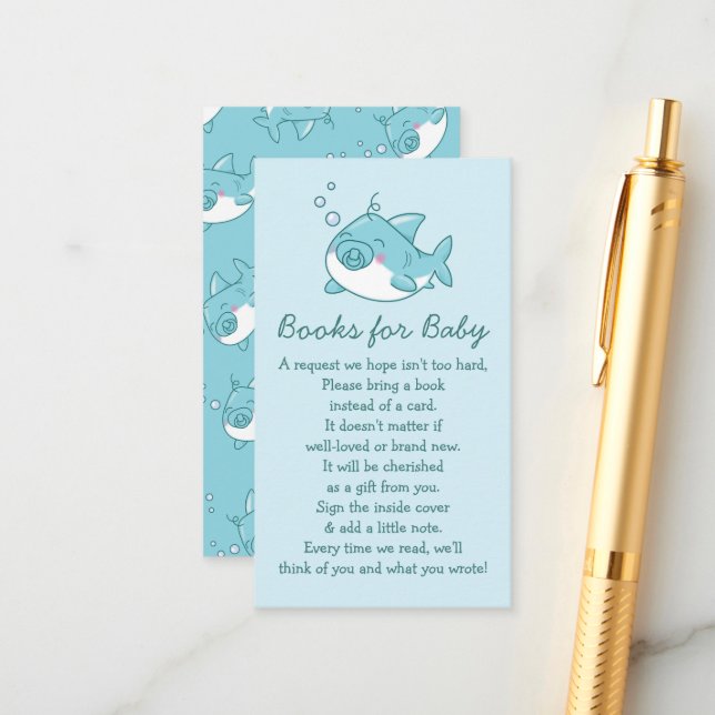 Carte D'accompagnement Cute Shark Baby shower Kawaii Blue Books (Devant/Arrière en situation)