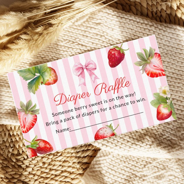 Carte D'accompagnement Cute Strawberry Diaper Raffle Baby Shower (Pink stripe background strawberry Baby shower diaper raffle card)
