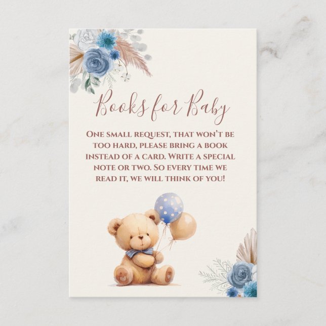 Carte D'accompagnement Cute Teddy Bear Balloons Boho Blue Livres pour béb (Devant)
