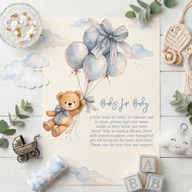 Carte D'accompagnement Cute Teddy Bear Blue Balloons Clouds Baby Boy (Créateur téléchargé)