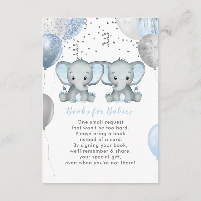 Carte D'accompagnement Cute Twin Boy Elephant Balloons Livres pour bébés (Devant)