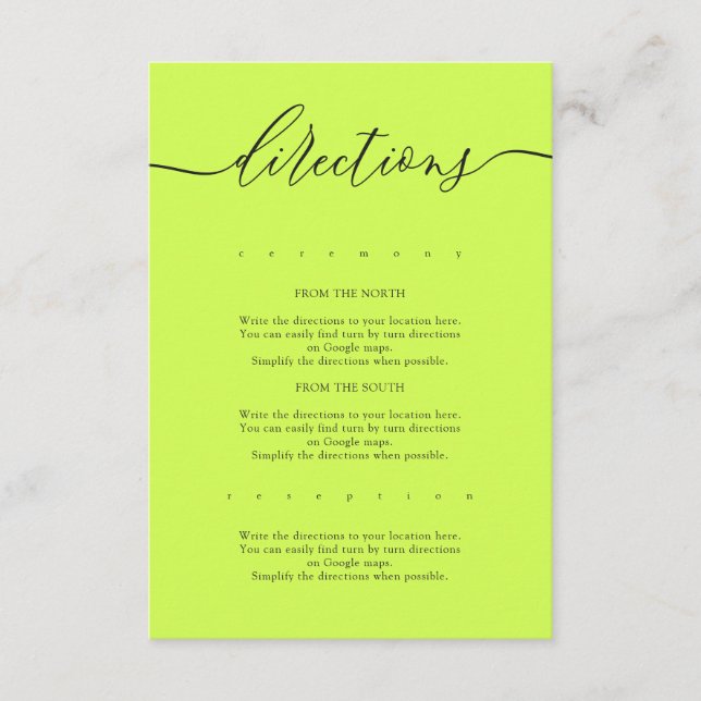 Carte D'accompagnement Cyber Lime Jet Black Simple Wedding Directions (Devant)