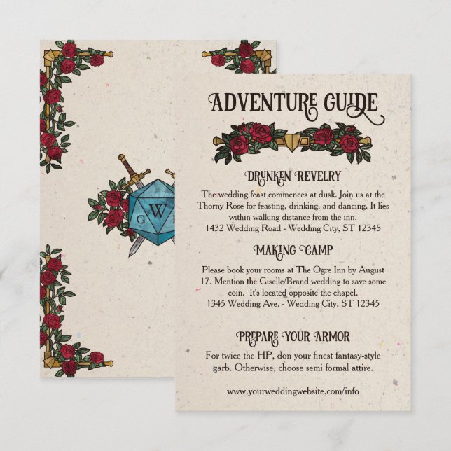 Carte D'accompagnement D20 Roses Monogrammes Détails de Mariage RPG (Devant / Derrière)