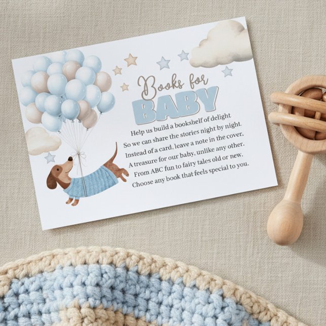 Carte D'accompagnement Dachshund and Balloons Blue Books for Baby Shower (Baby Shower Book Request Card. Dachshund and balloons design in blue and beige)