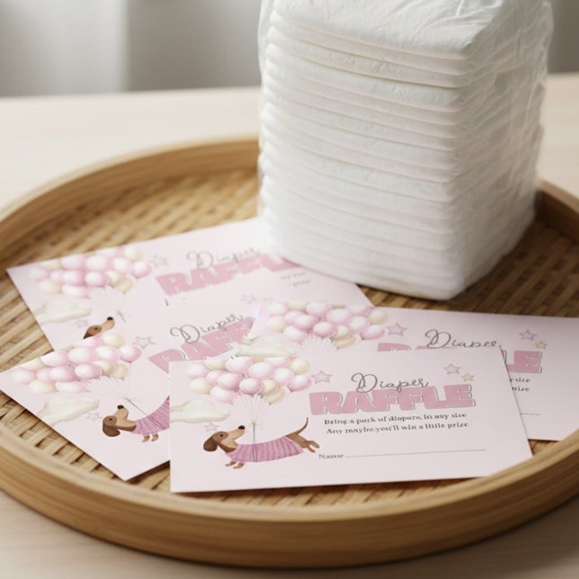 Carte D'accompagnement Dachshund and Balloons Pink Diaper Raffle (Dachshund Teenie Weenie Diaper Raffle Card - Girl Baby Shower stationery.)