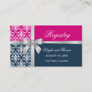 Carte D'accompagnement Damask Faux Silver Ribbon Navy Blue Fuchsia