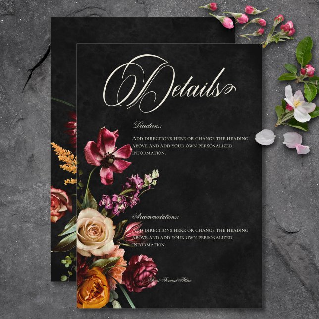Carte D'accompagnement Dark Elegant Automne Floral Détails du Mariage (Dark Elegant Autumn Floral Wedding Details Enclosure Card)
