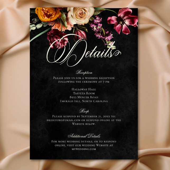 Carte D'accompagnement Dark Elegant Automne Floral Détails du Mariage (Dark Elegant Autumn Floral Wedding Details Enclosure Card)