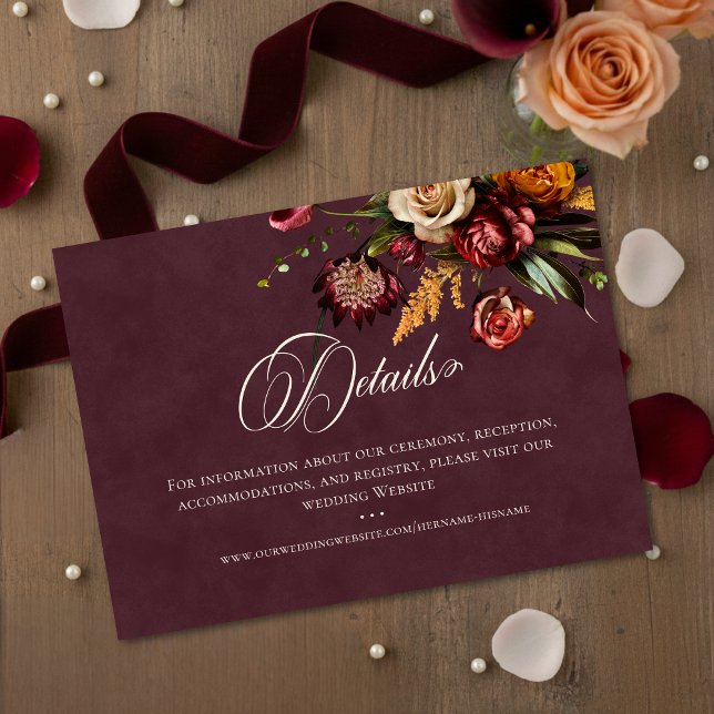 Carte D'accompagnement Dark Elegant Autumn Floral Burgundy Wedding Detail (Créateur téléchargé)