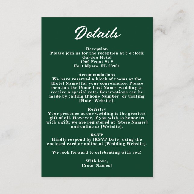 Carte D'accompagnement Dark Emerald Green Moody Jewel Wedding Details (Devant)