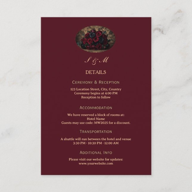 Carte D'accompagnement Dark Gothic Romance Burgundy Custom Photo Wedding (Devant)