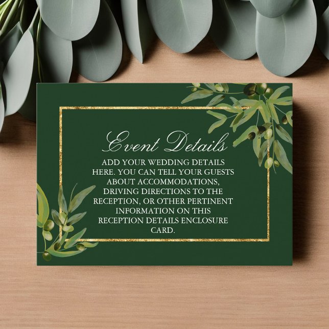 Carte D'accompagnement Dark Green Botanical Gold Mariage Détails de l'évé (Créateur téléchargé)