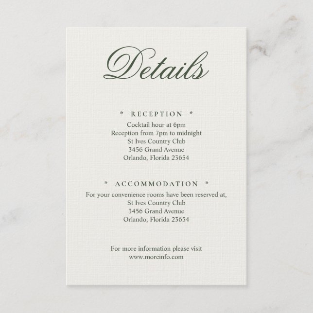 Carte D'accompagnement Dark Green Greenery Wedding Calligraphy Details (Devant)